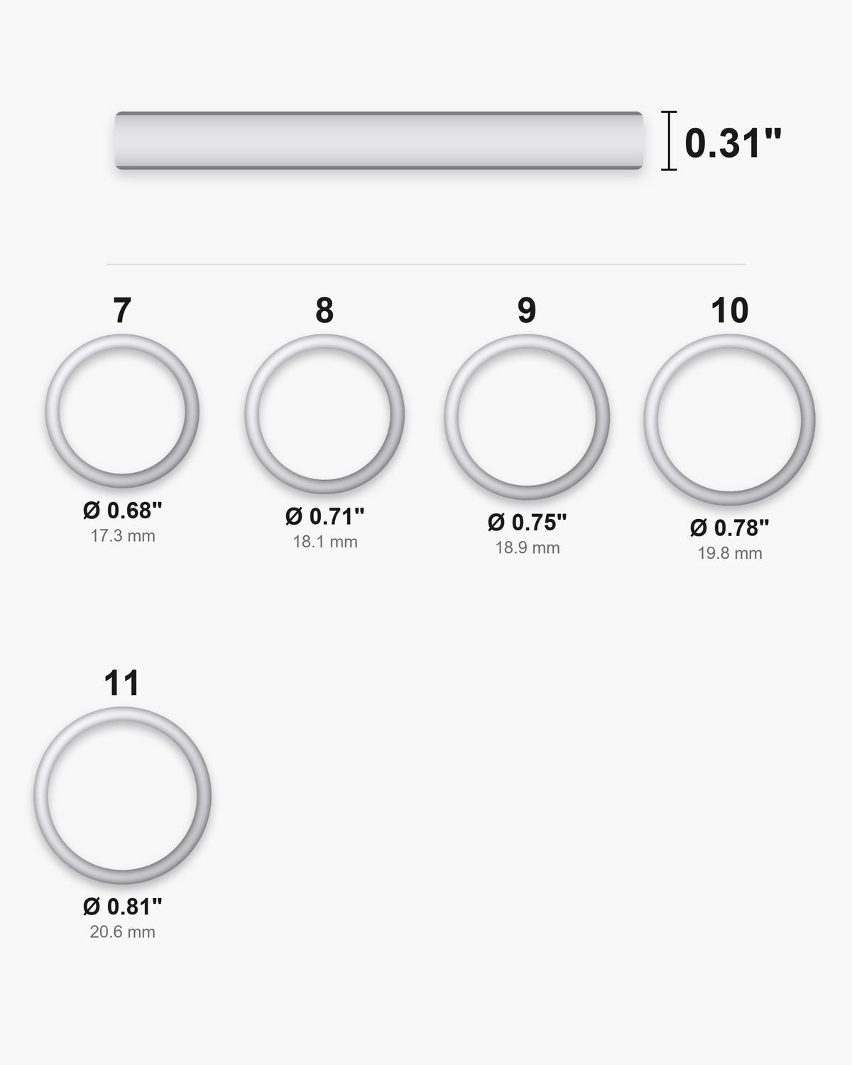 Atlas ring sizes US 7 to 11 with inner diameters and the 0.31 inch band width [u:in]