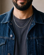 Close-up of the silver-tone Atlas O-link chain worn by a man, shown at true size