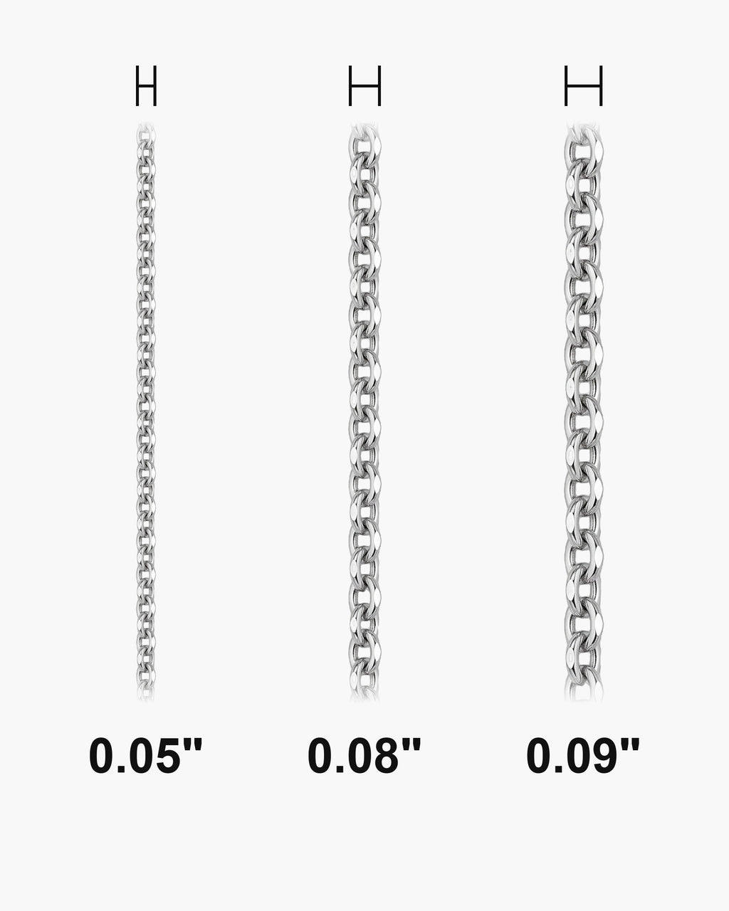 Atlas O-link chain widths side by side at true scale, in inches: 0.05 to 0.09 inch [u:in]
