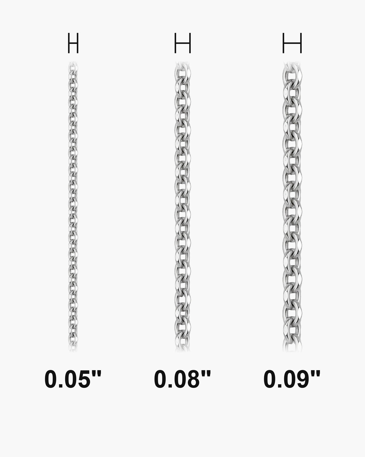 Atlas O-link chain widths side by side at true scale, in inches: 0.05 to 0.09 inch [u:in]