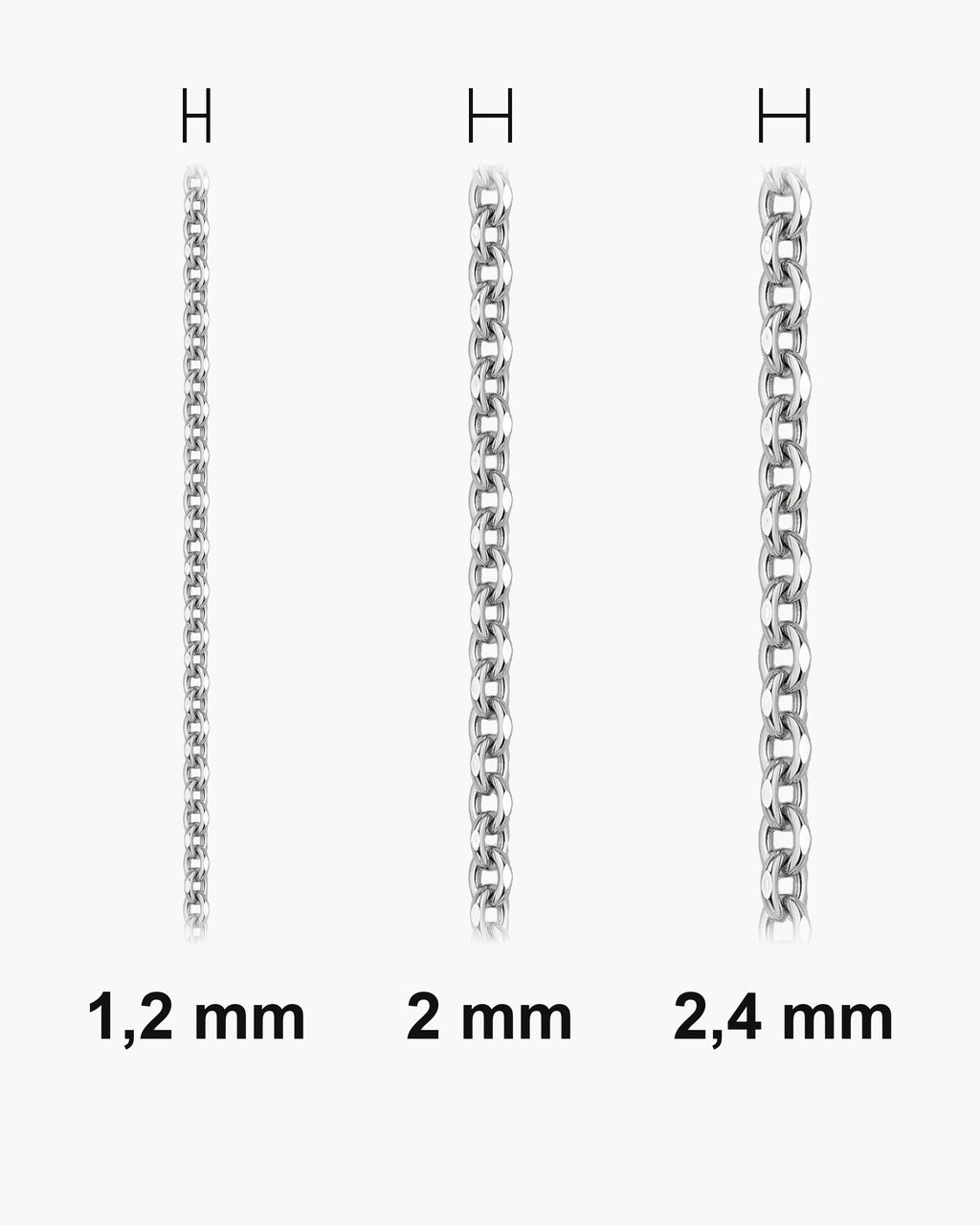 Atlas O-link chain widths side by side at true scale: 1.2, 2 and 2.4 mm [u:mm]