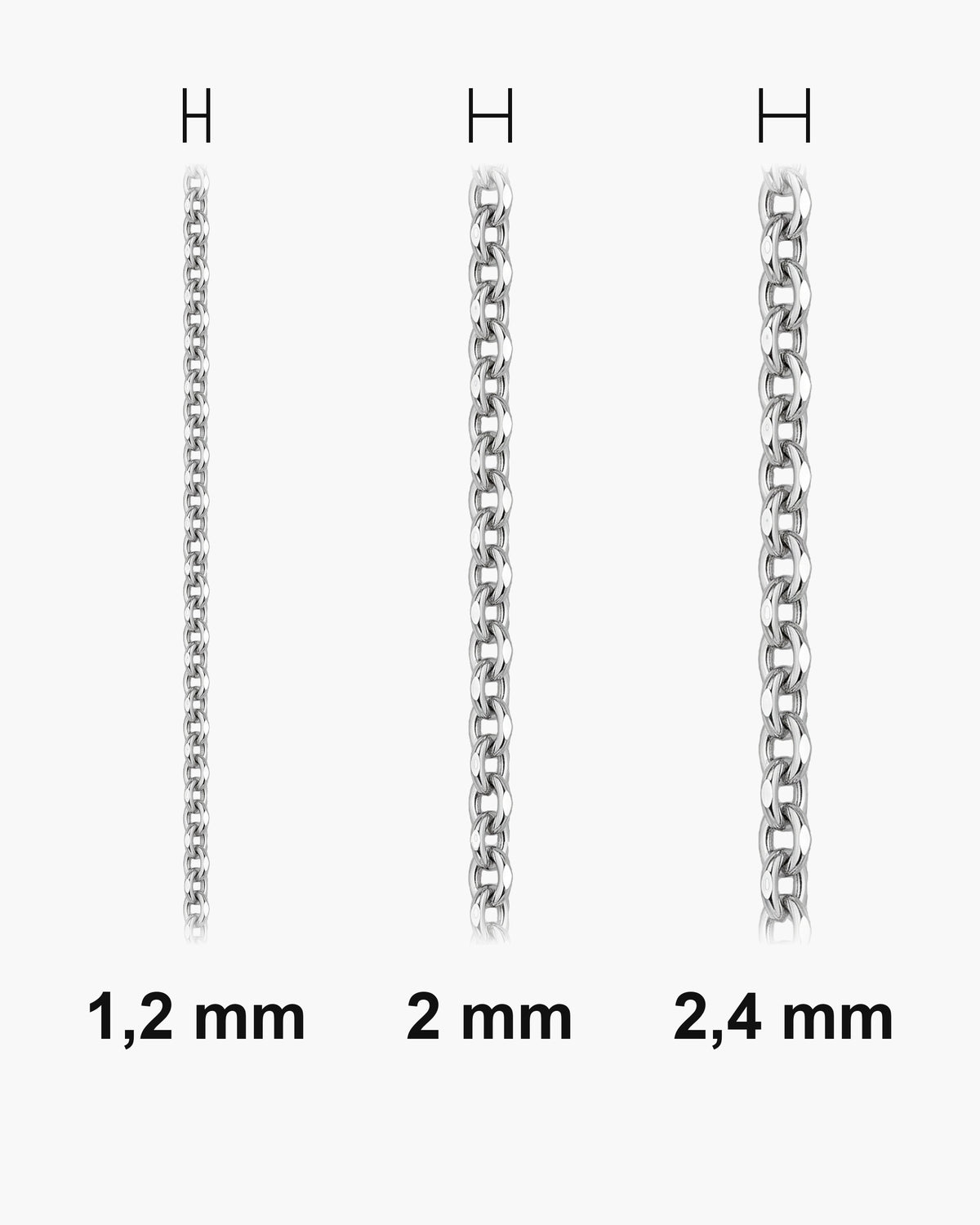 Atlas O-link chain widths side by side at true scale: 1.2, 2 and 2.4 mm [u:mm]