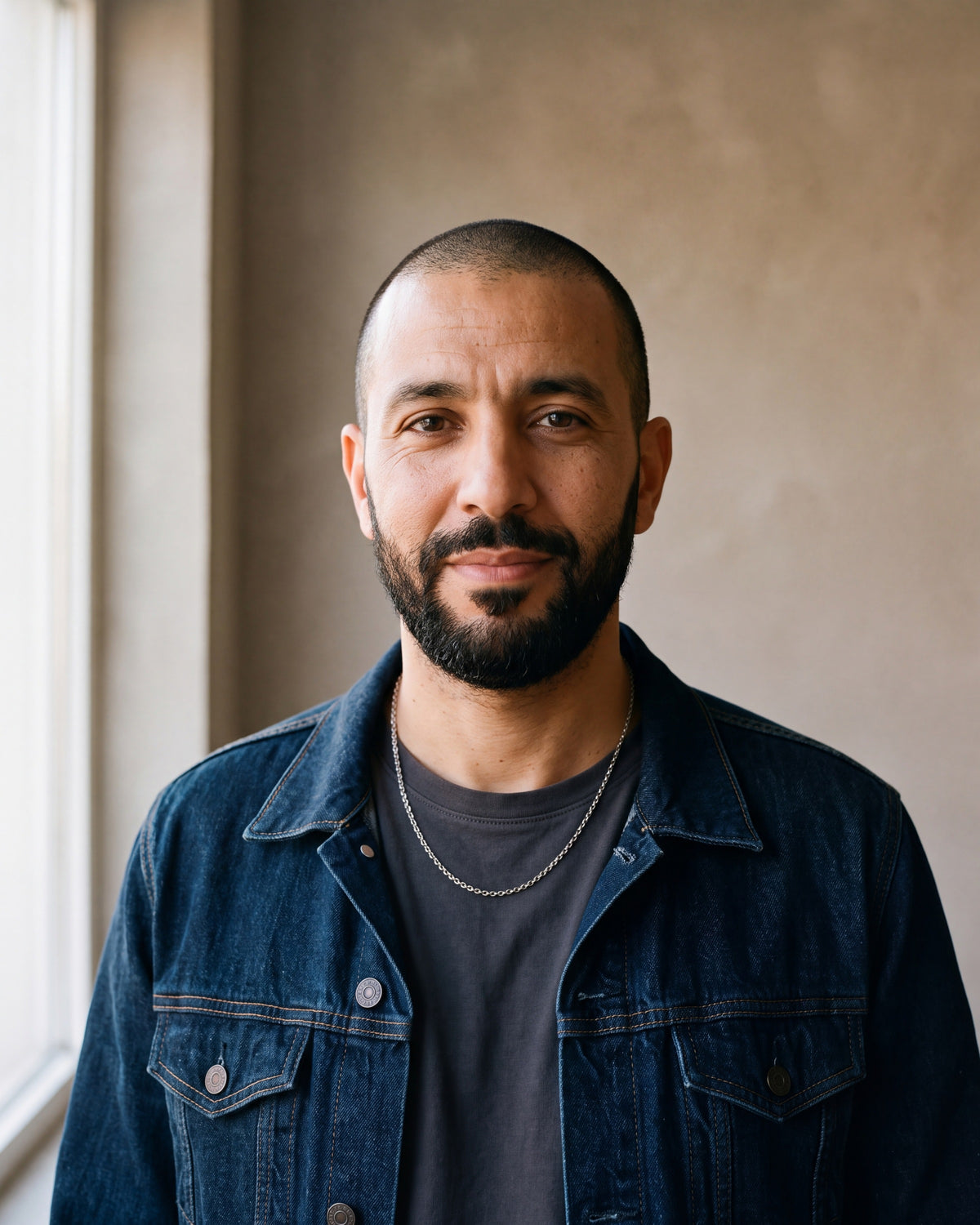 Man in a denim jacket over a charcoal T-shirt wearing the silver-tone Atlas O-link chain