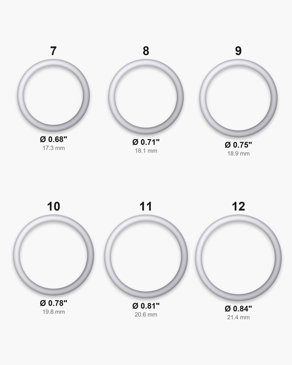 Atlas octagon ring ring sizes 7 to 12 with inner diameters in inches [u:in]