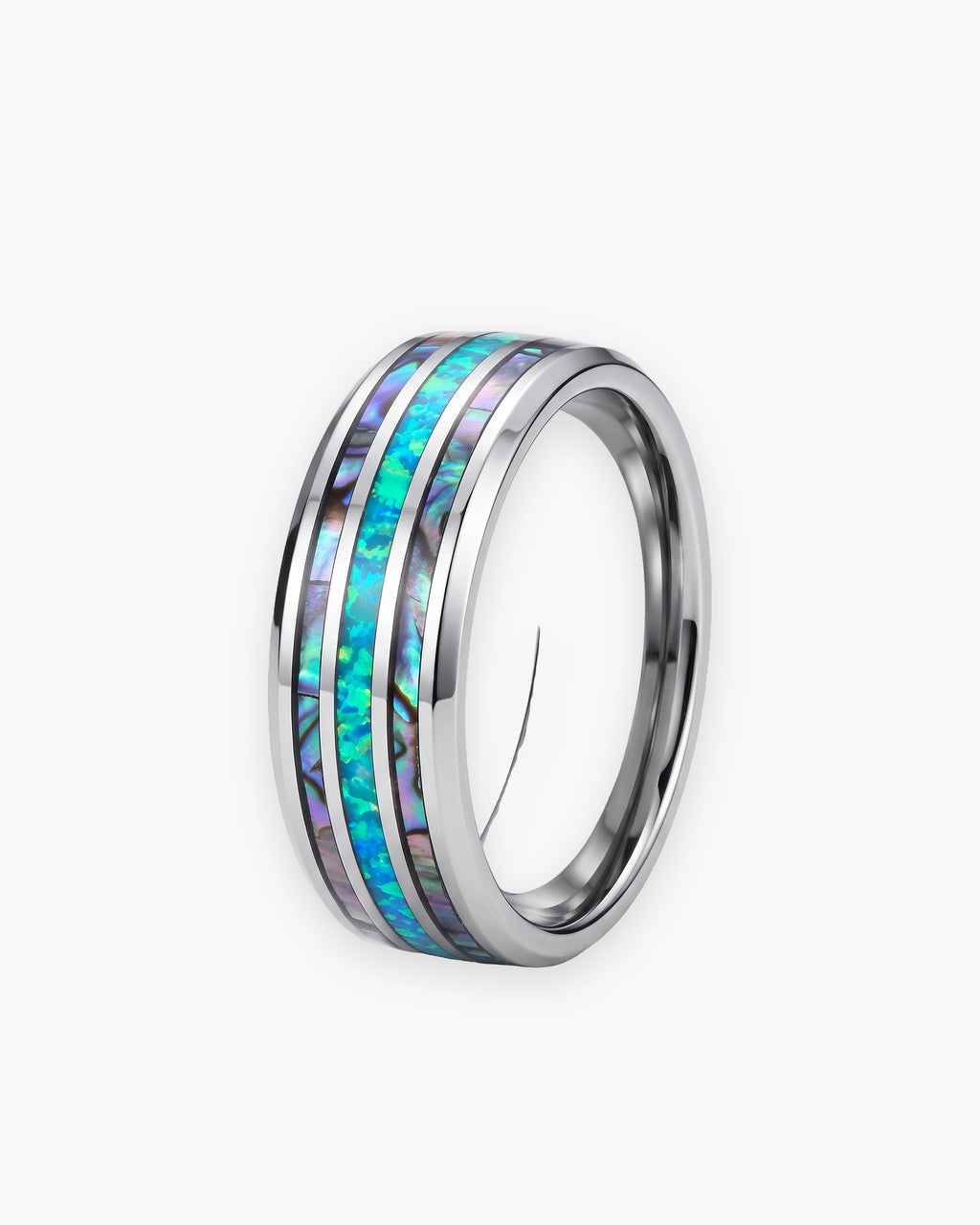 Atlas opal and abalone inlay ring in silver-tone tungsten carbide [c:silver]