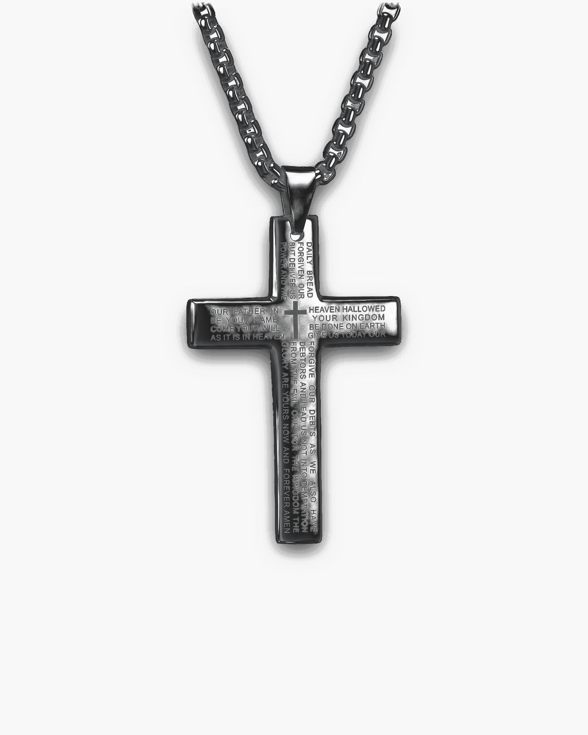 Atlas Our Father engraved cross pendant necklace in black titanium steel [c:black]