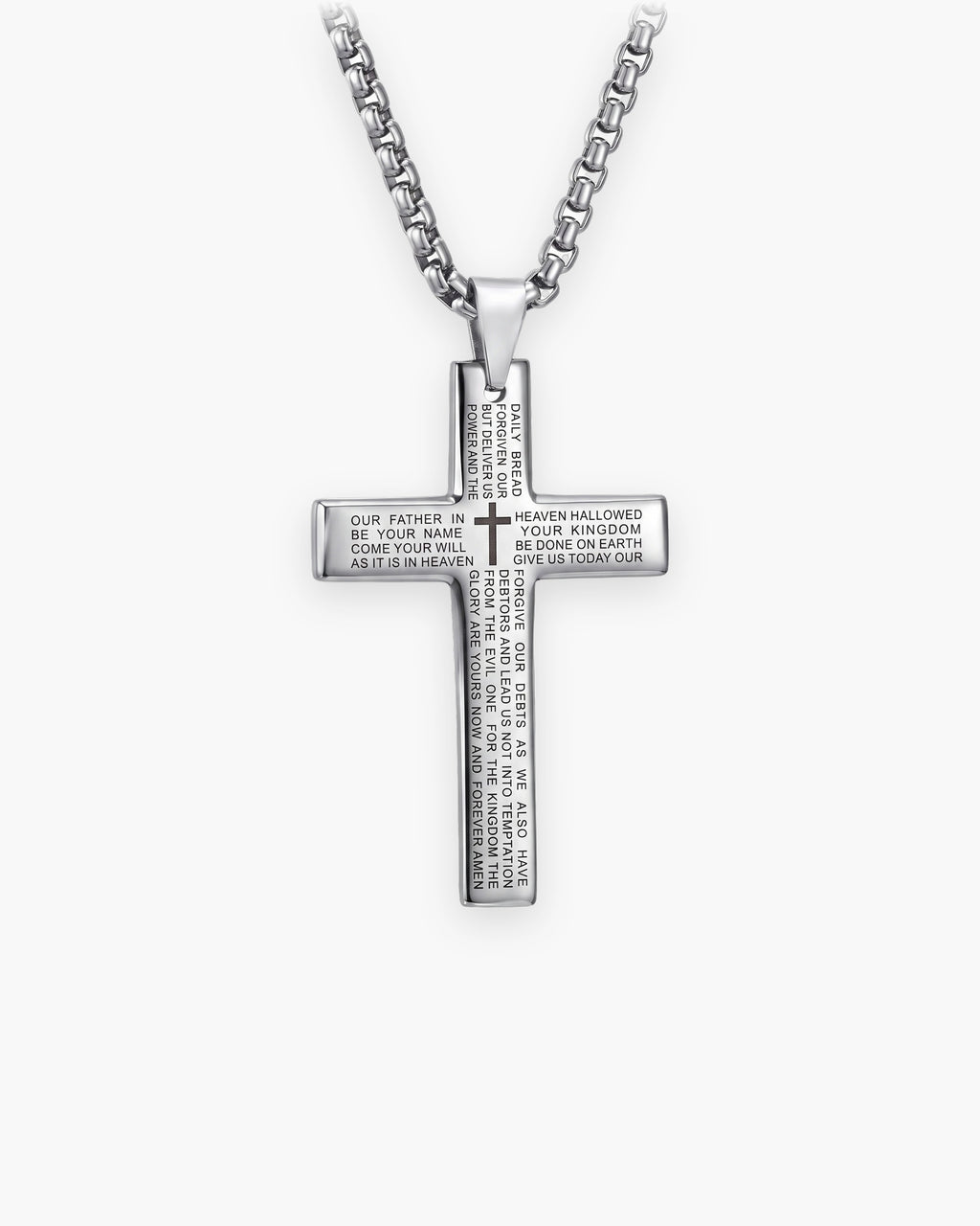 Atlas Our Father engraved cross pendant necklace in silver-tone titanium steel [c:silver]