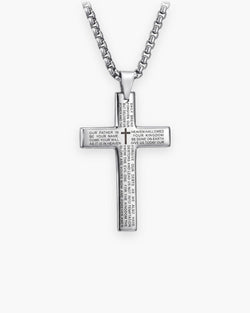 Atlas Our Father engraved cross pendant necklace in silver-tone titanium steel [c:silver]