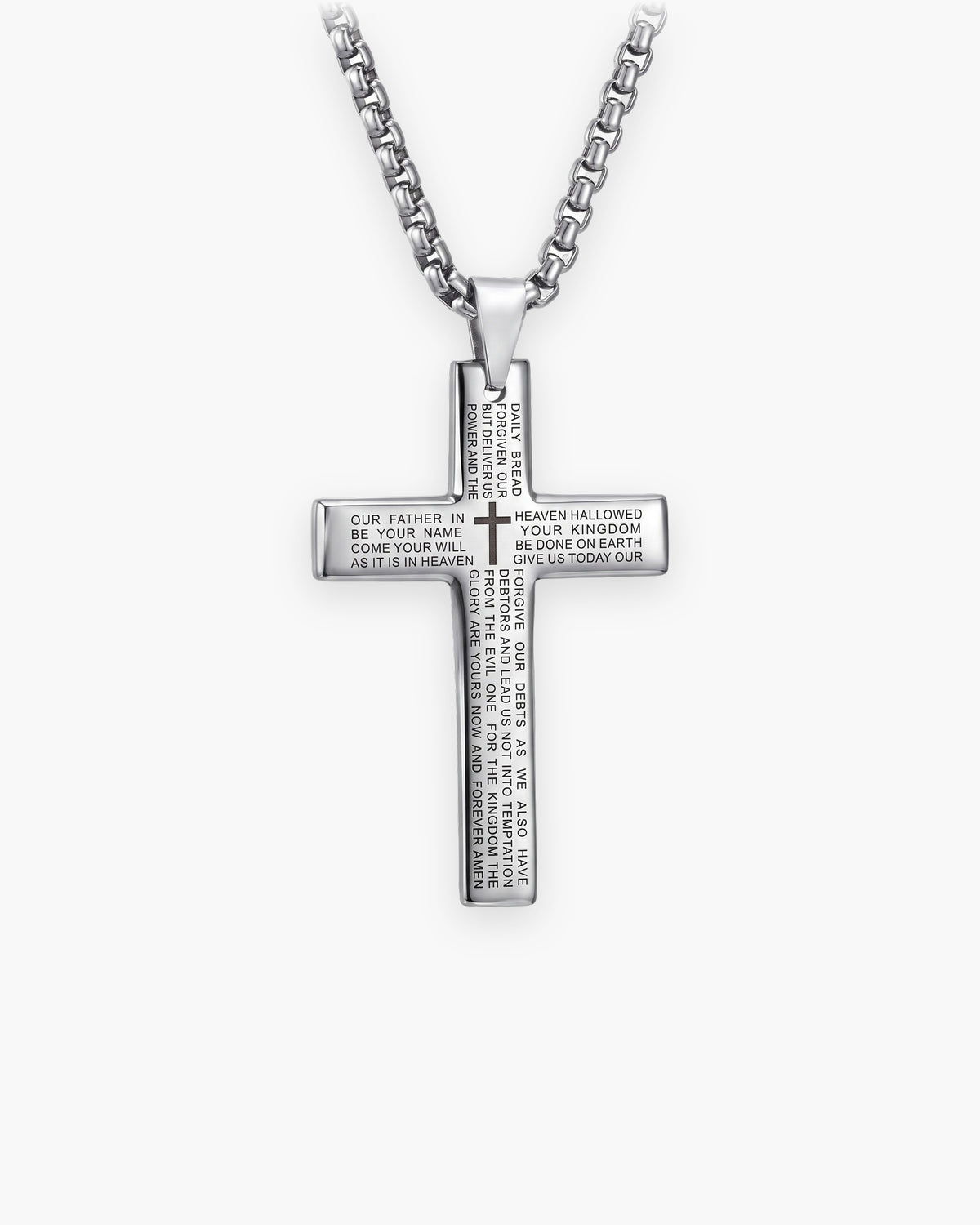 Atlas Our Father engraved cross pendant necklace in silver-tone titanium steel [c:silver]