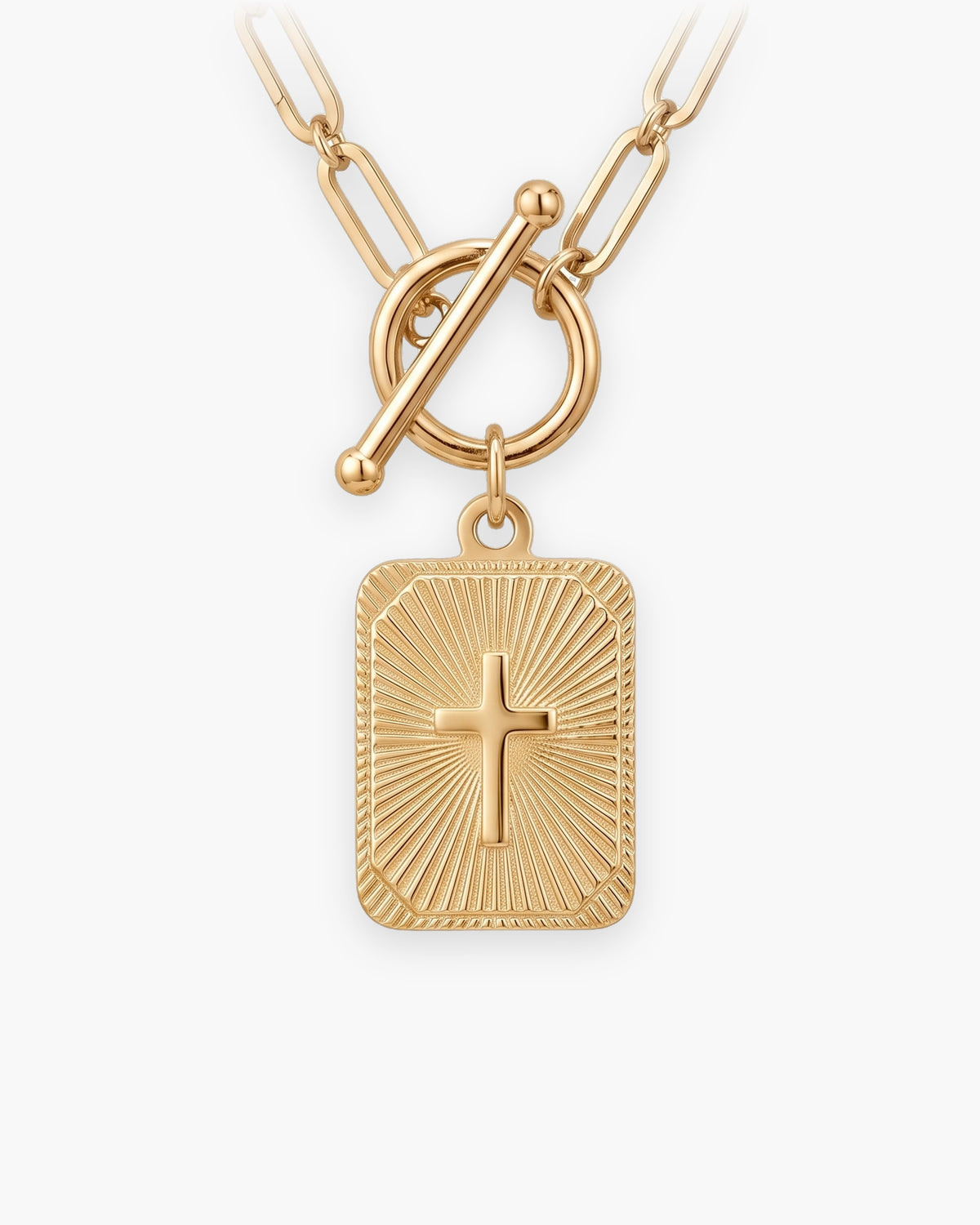 Atlas paperclip chain cross tag necklace in gold-tone stainless steel, sunburst cross tag [c:goldsunburstcross]