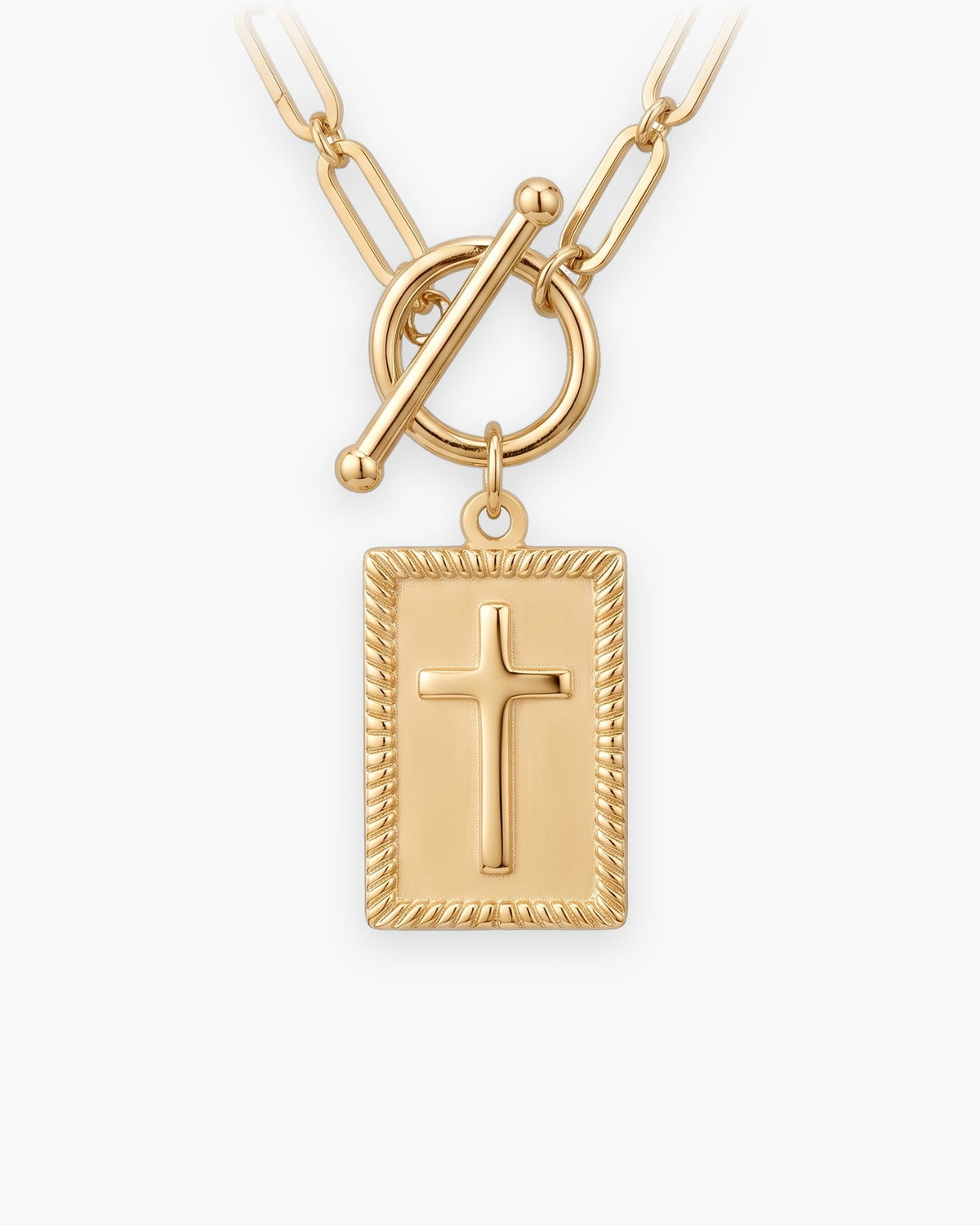 Atlas paperclip chain cross tag necklace in gold-tone stainless steel, textured cross tag [c:goldtexturedcross]