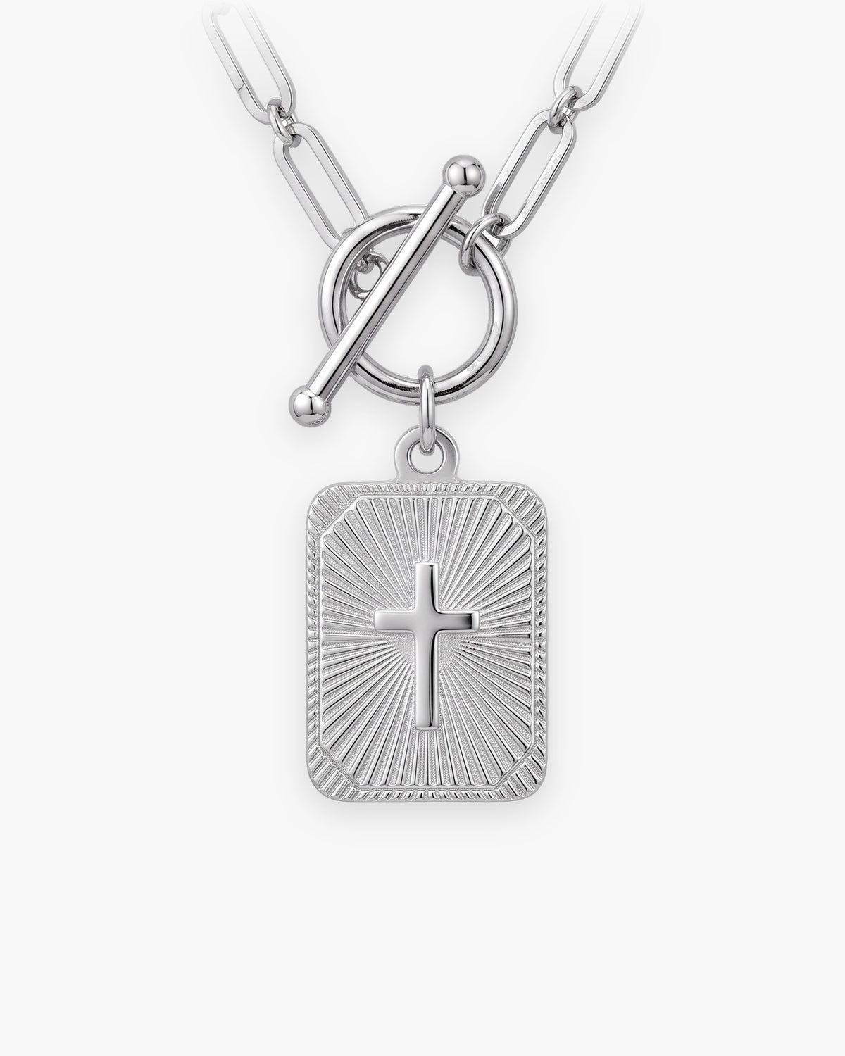 Atlas paperclip chain cross tag necklace in silver-tone stainless steel, sunburst cross tag [c:silversunburstcross]