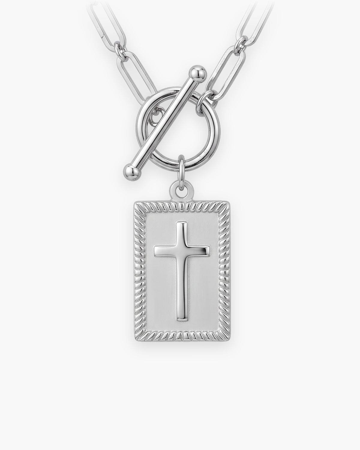 Atlas paperclip chain cross tag necklace in silver-tone stainless steel, textured cross tag [c:silvertexturedcross]