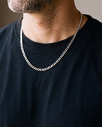 Close-up of the 5 mm silver Atlas polished Cuban chain worn on a black T-shirt at true size
