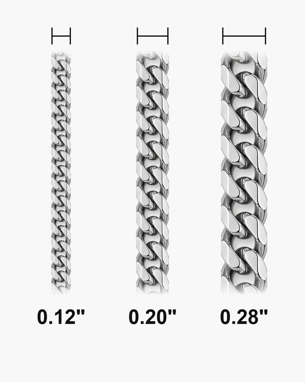 Atlas polished Cuban chain widths side by side at true scale, in inches: 0.12 to 0.28 inch [u:in]