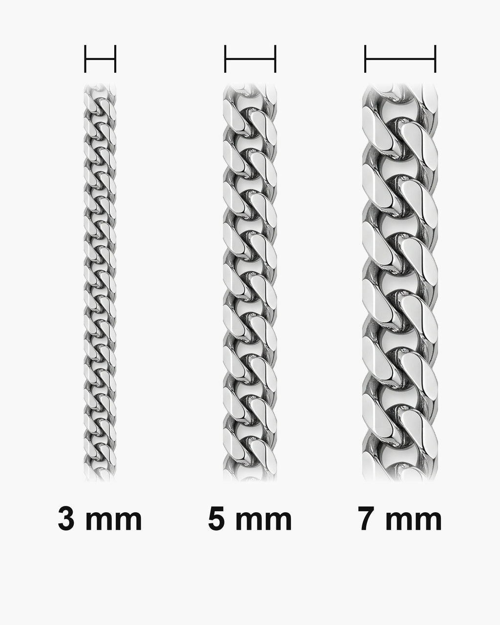 Atlas polished Cuban chain widths side by side at true scale: 3, 5 and 7 mm [u:mm]