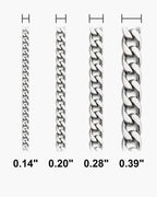 Atlas curb chain widths side by side at true scale, in inches: 0.14 to 0.39 inch [u:in]