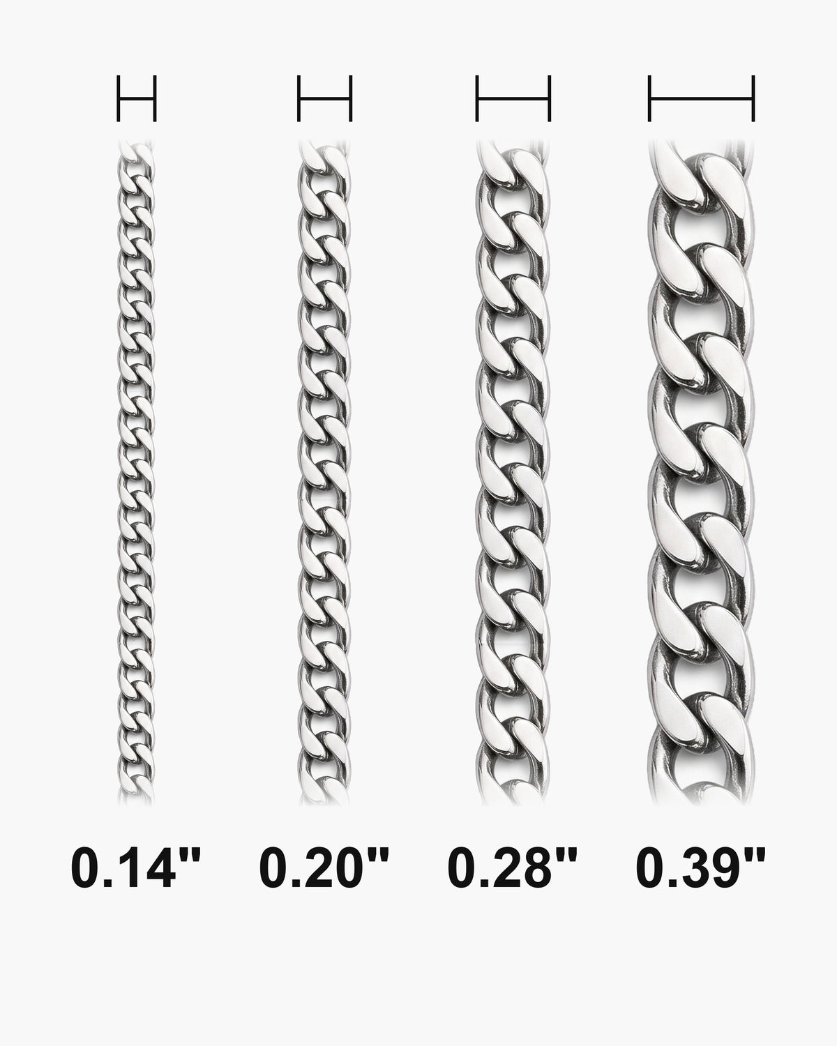 Atlas curb chain widths side by side at true scale, in inches: 0.14 to 0.39 inch [u:in]