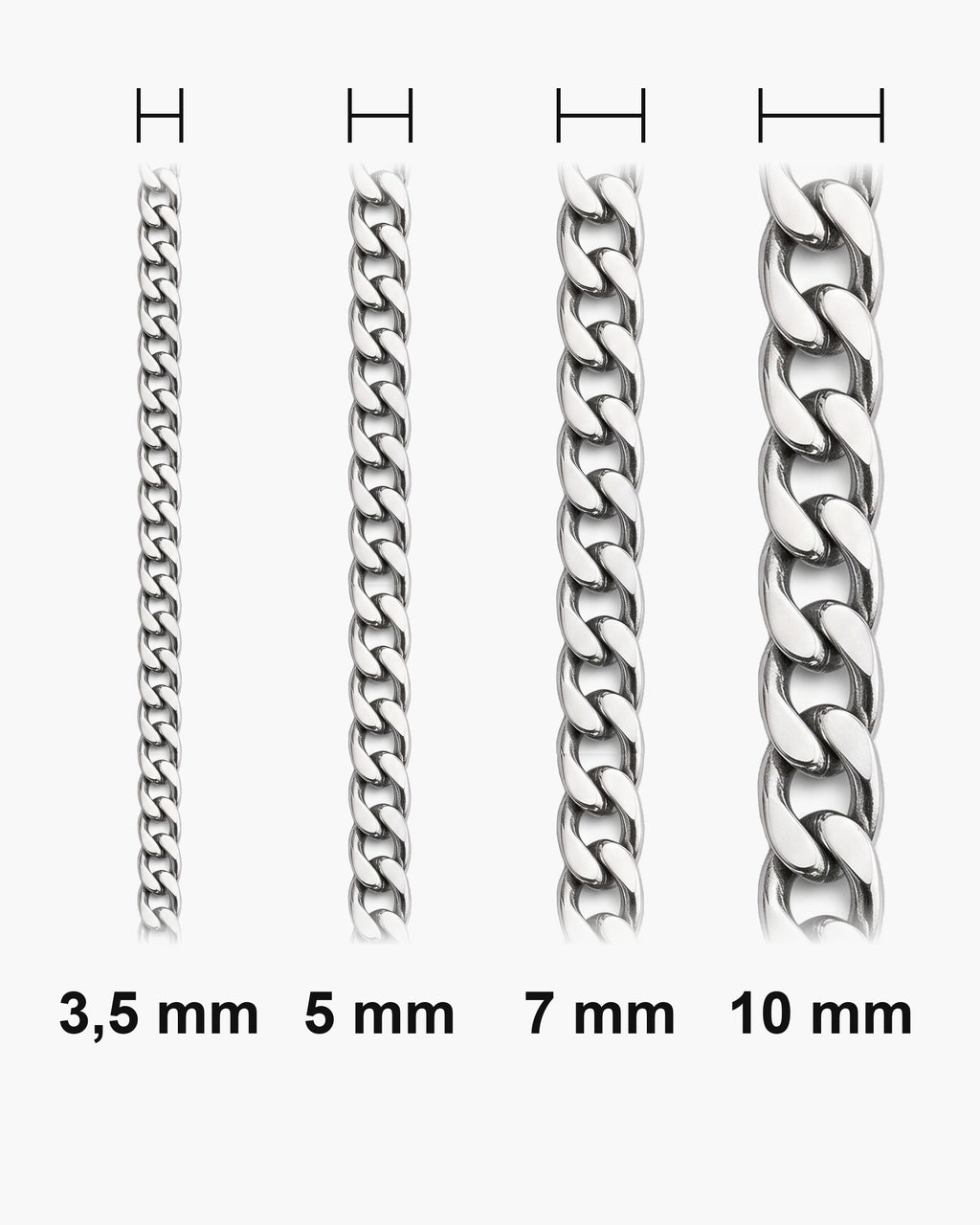 Atlas curb chain widths side by side at true scale: 3.5, 5, 7 and 10 mm [u:mm]
