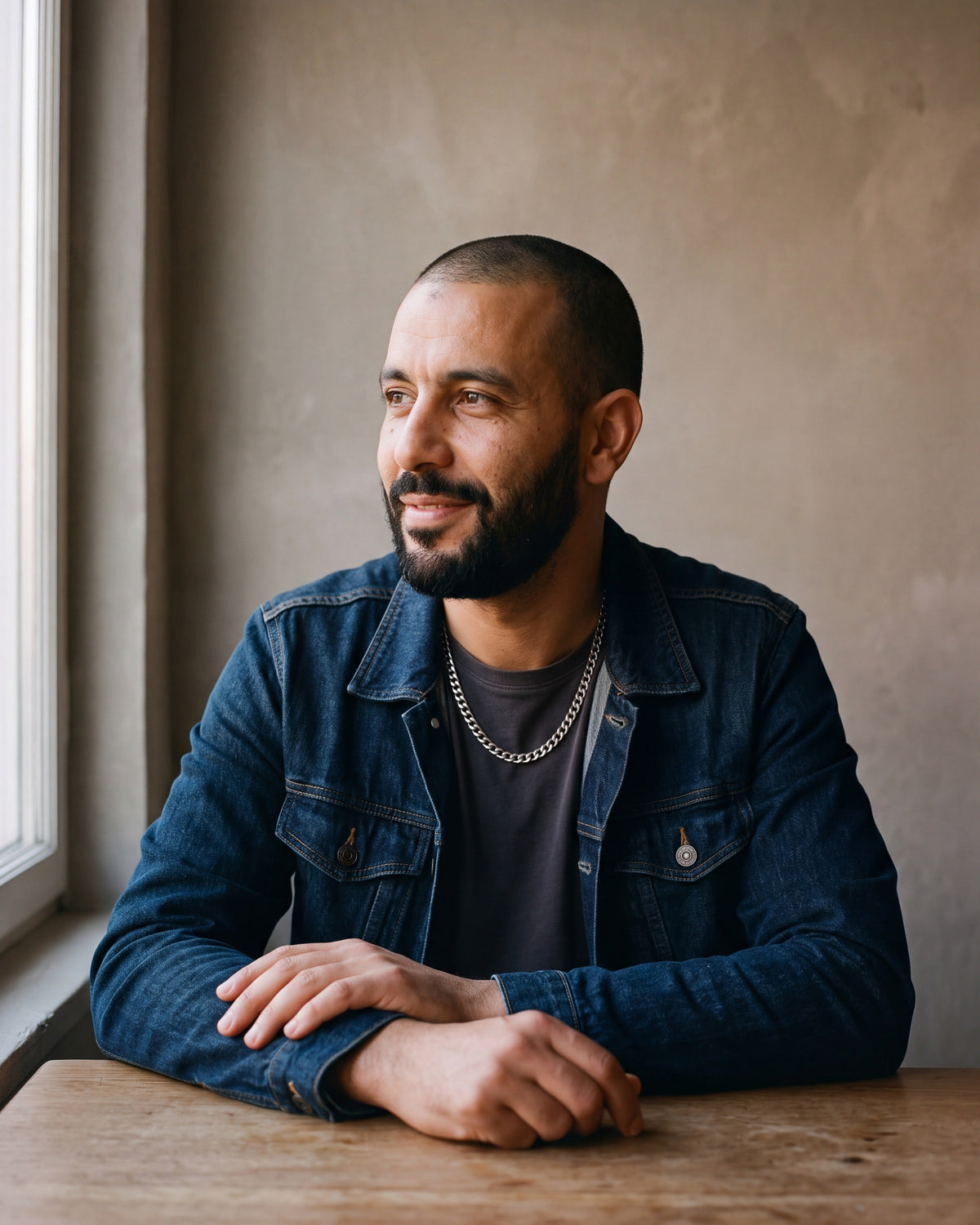 Man in a denim jacket seated at a wooden table wearing the silver-tone Atlas polished curb link chain