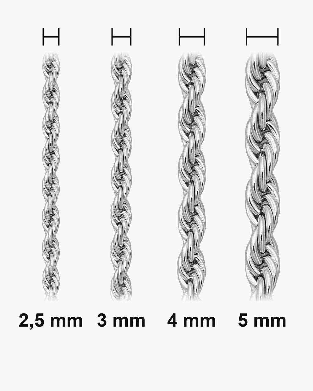 Atlas Polished Rope Chain widths 2.5 to 5 mm shown at true scale [u:mm]