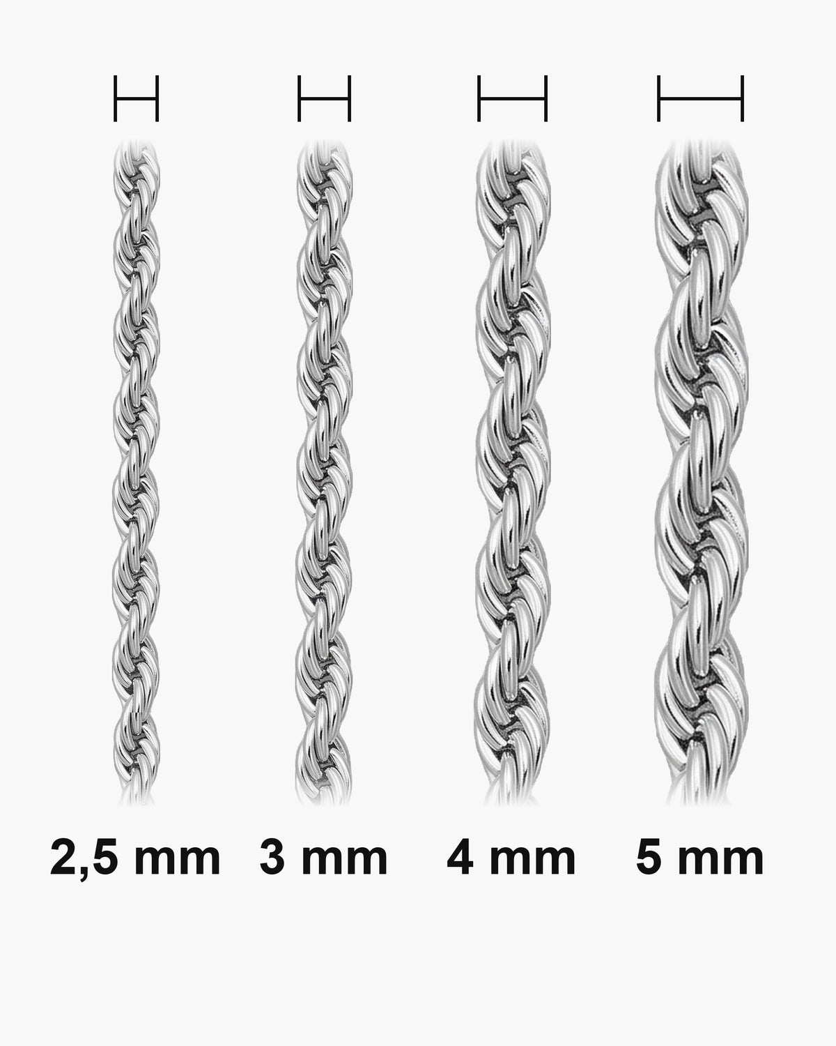 Atlas Polished Rope Chain widths 2.5 to 5 mm shown at true scale [u:mm]