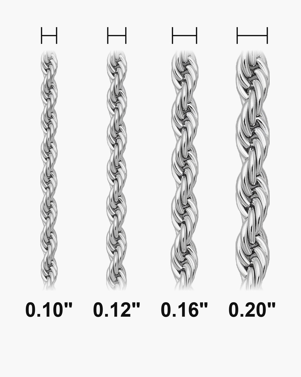 Atlas Polished Rope Chain widths 0.10 to 0.20 inch shown at true scale [u:in]