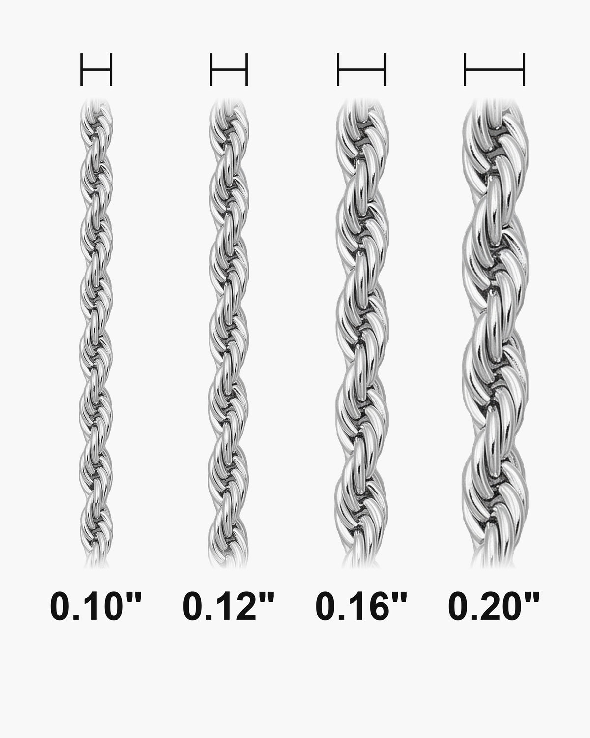 Atlas Polished Rope Chain widths 0.10 to 0.20 inch shown at true scale [u:in]