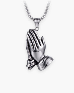Atlas praying hands pendant necklace in silver-tone stainless steel [c:silver]