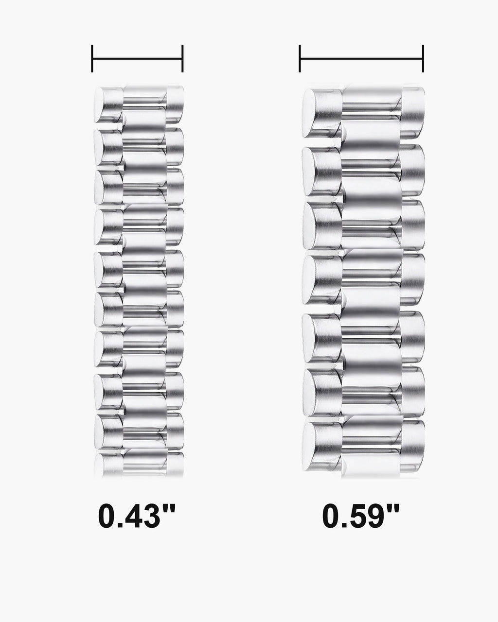 Atlas President link bracelet widths side by side at true scale, in inches: 0.43 to 0.59 inch [u:in]