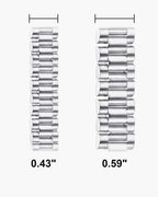 Atlas President link bracelet widths side by side at true scale, in inches: 0.43 to 0.59 inch [u:in]