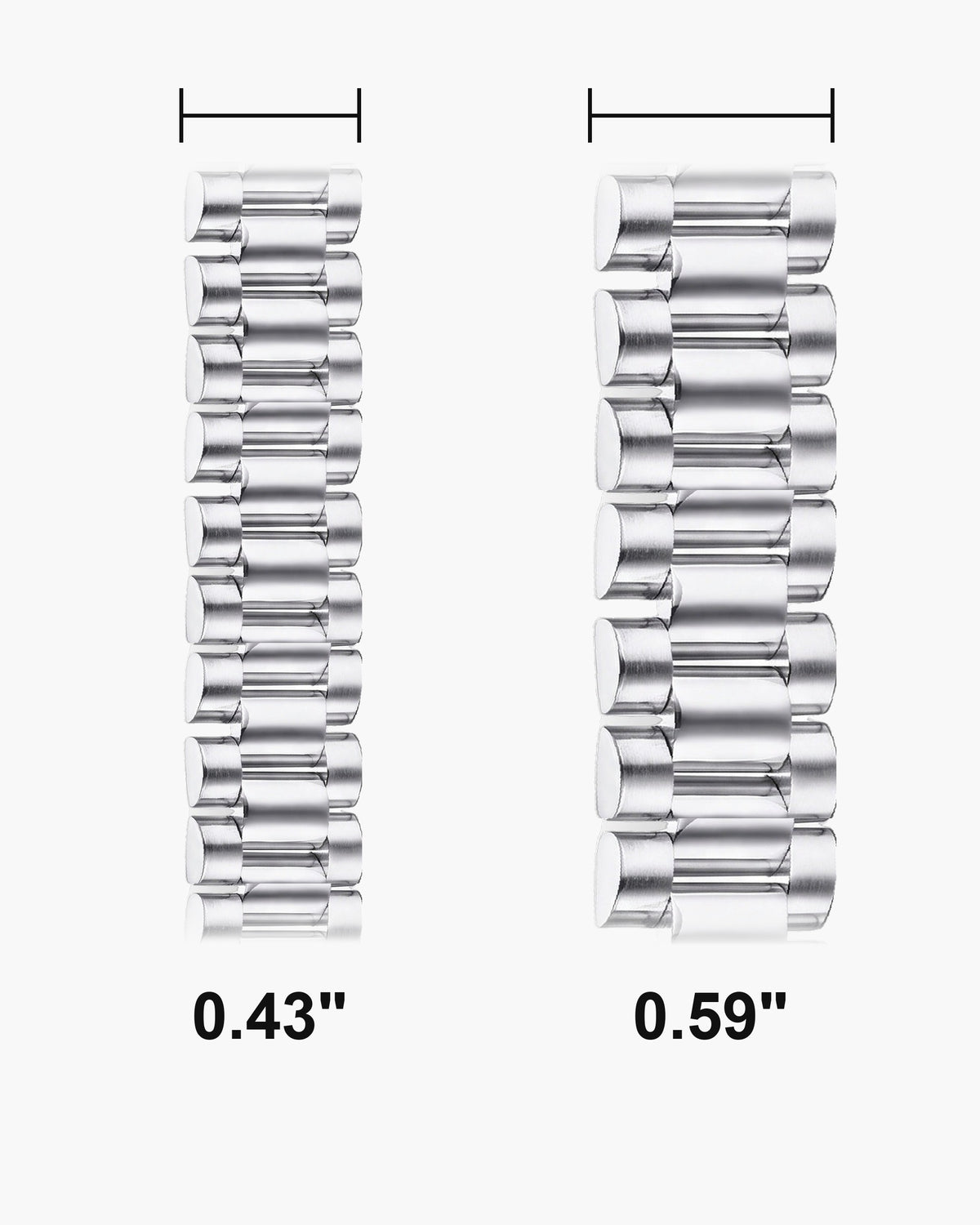 Atlas President link bracelet widths side by side at true scale, in inches: 0.43 to 0.59 inch [u:in]