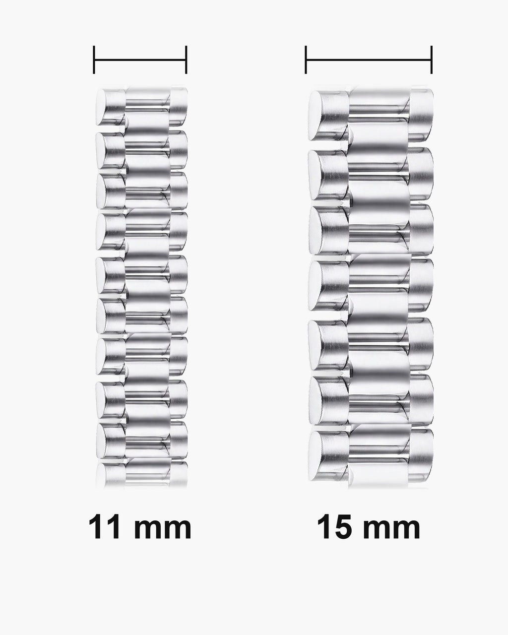 Atlas President link bracelet widths side by side at true scale: 11 and 15 mm [u:mm]