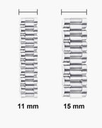Atlas President link bracelet widths side by side at true scale: 11 and 15 mm [u:mm]