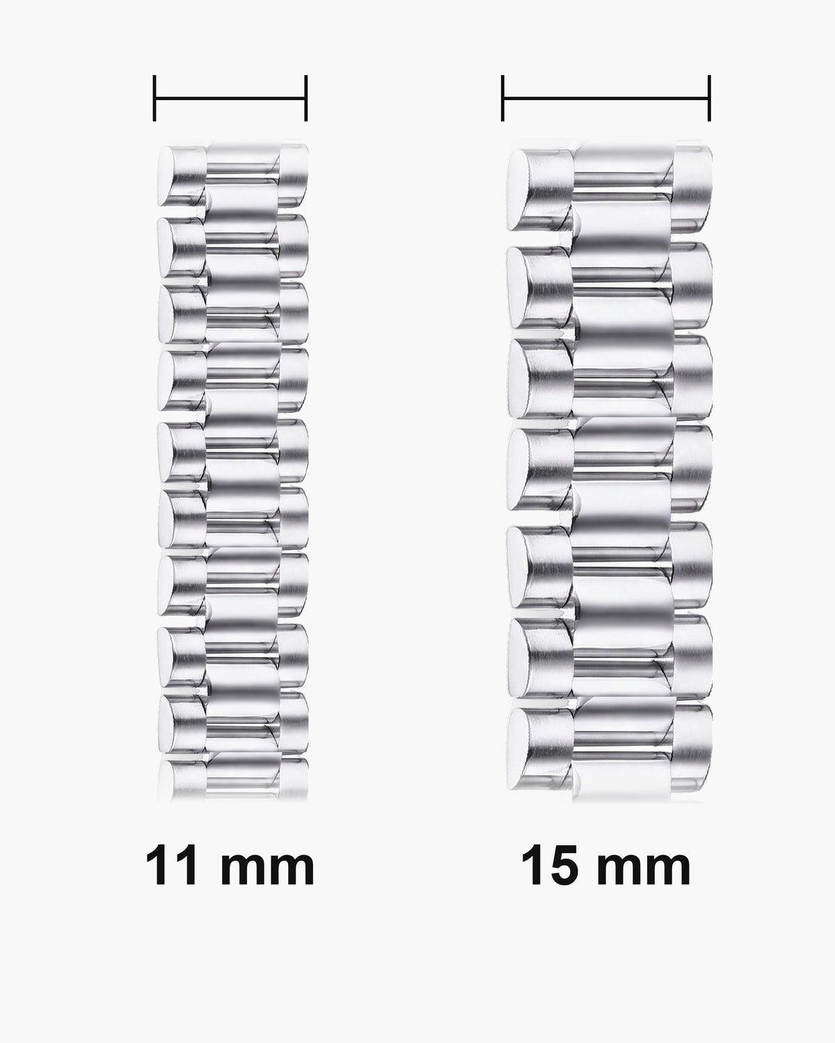 Atlas President link bracelet widths side by side at true scale: 11 and 15 mm [u:mm]