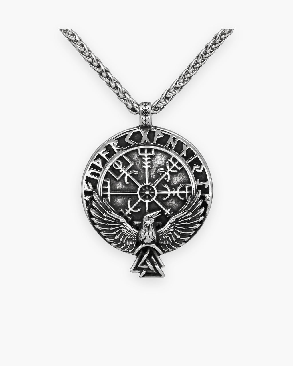 Atlas raven Vegvisir compass necklace in antique silver titanium steel [c:silver]