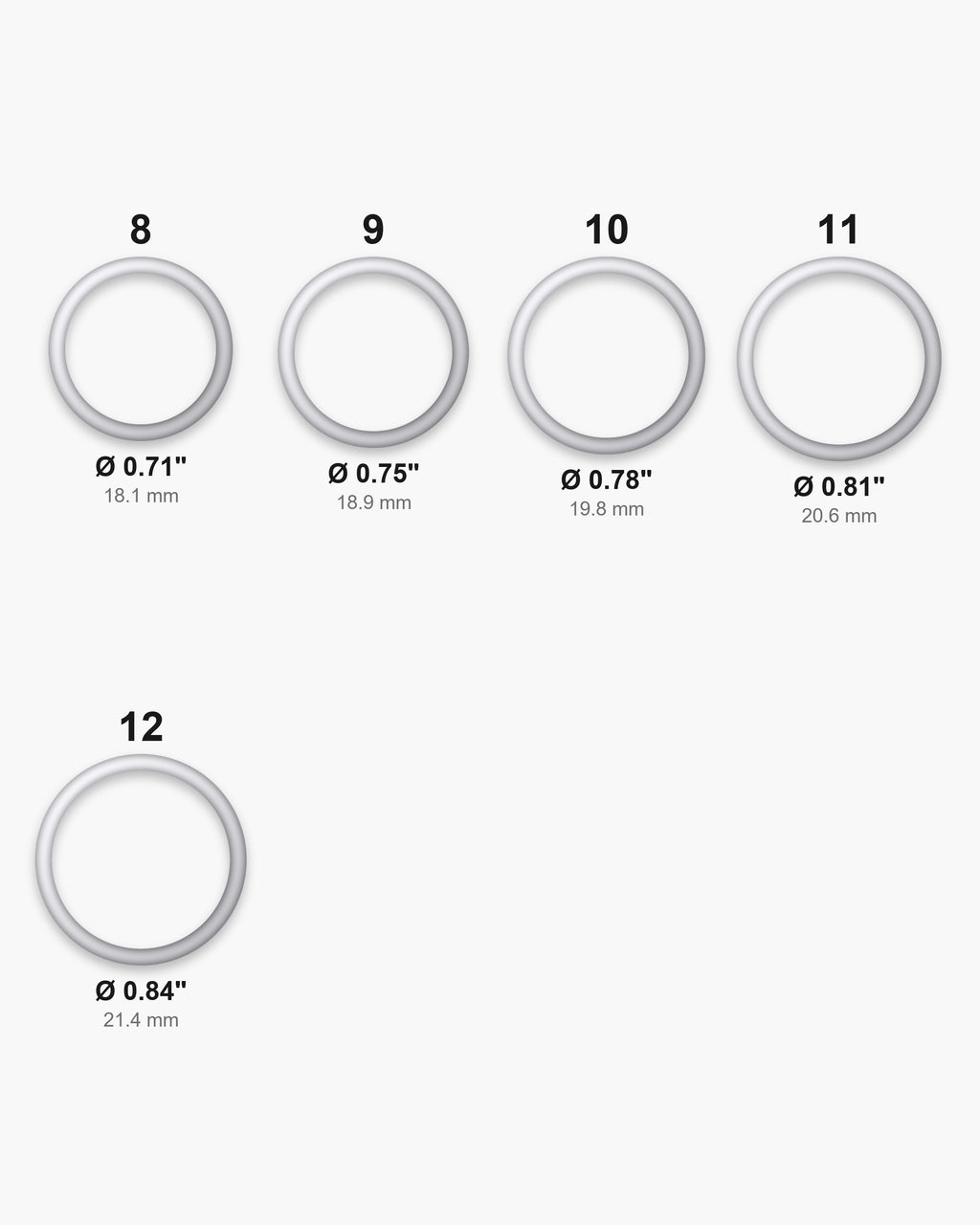 Atlas ring sizes 8 to 12 with inner diameters from 0.71 to 0.84 inch [u:in]