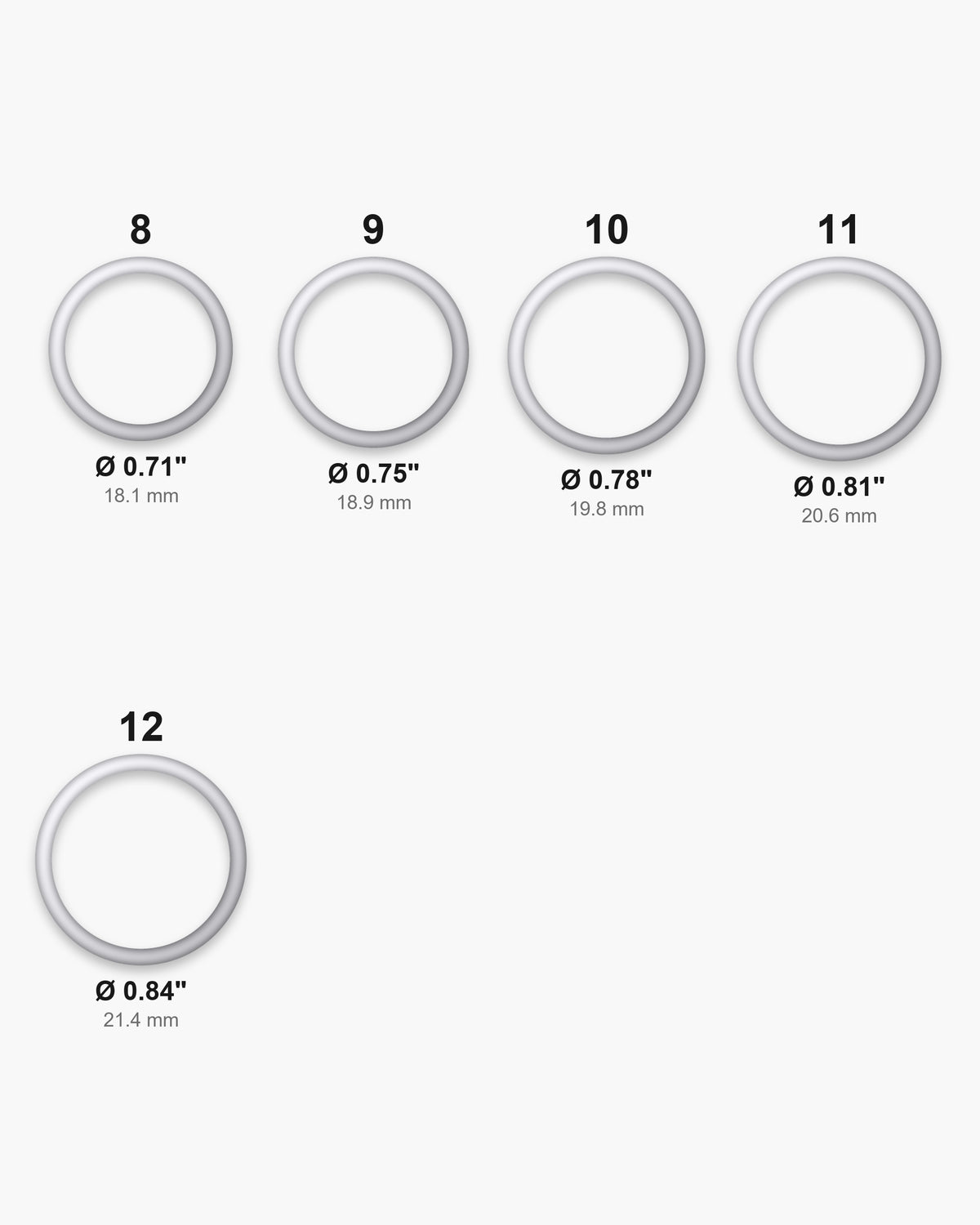 Atlas ring sizes 8 to 12 with inner diameters from 0.71 to 0.84 inch [u:in]