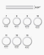 Atlas ring sizes 7 to 13 with inner diameters from 0.68 to 0.87 inch [u:in]