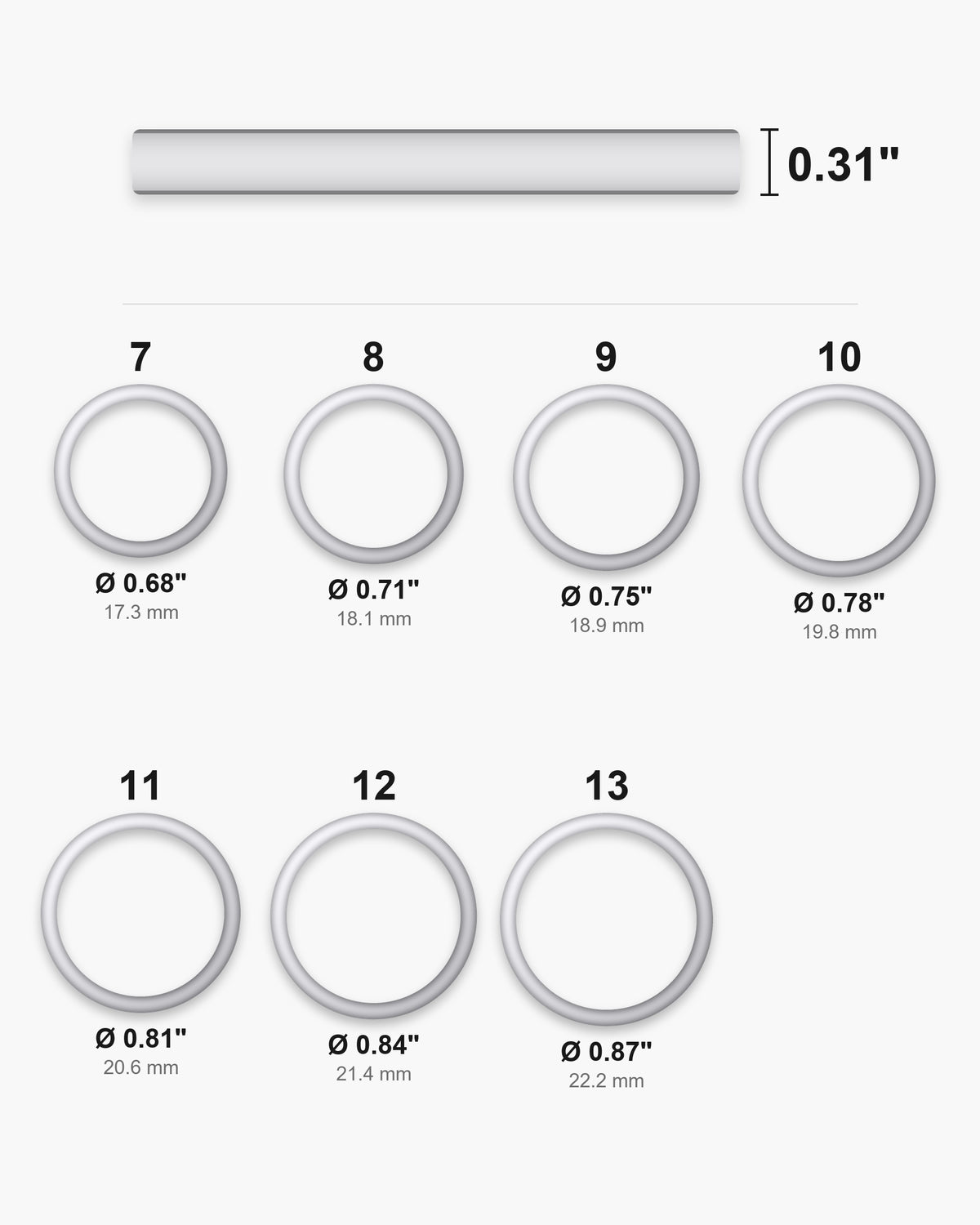 Atlas ring sizes 7 to 13 with inner diameters from 0.68 to 0.87 inch [u:in]