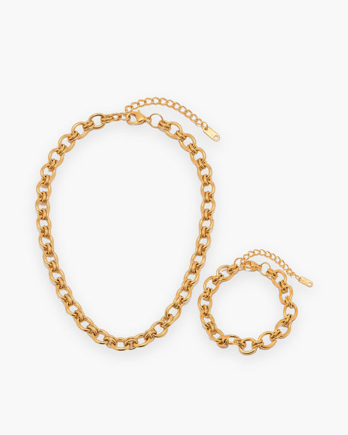 Parure homme collier et bracelet à maille jaseron dorée en acier