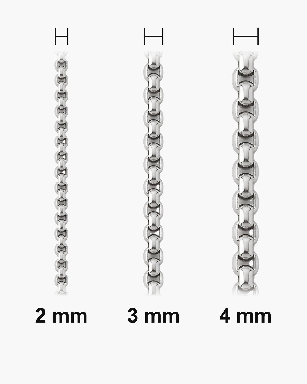 Atlas Rolo Chain widths 2 to 4 mm shown at true scale [u:mm]