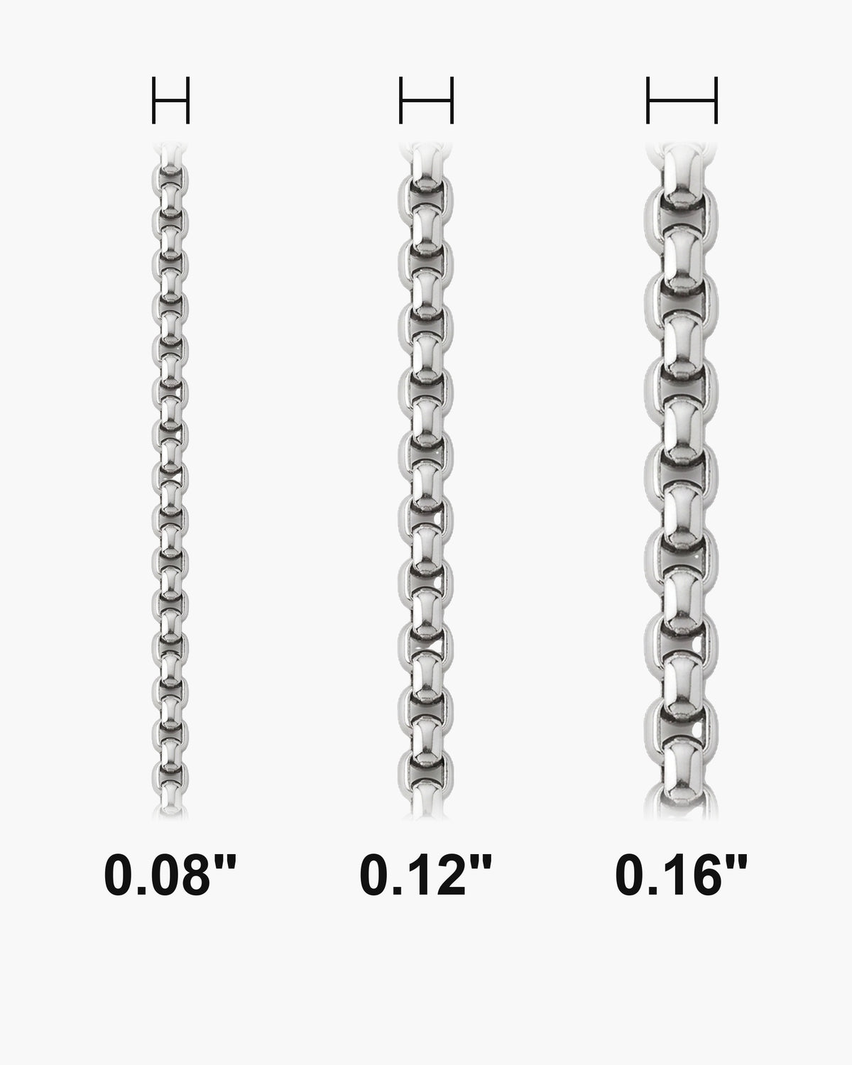 Atlas Rolo Chain widths 0.08 to 0.16 inch shown at true scale [u:in]