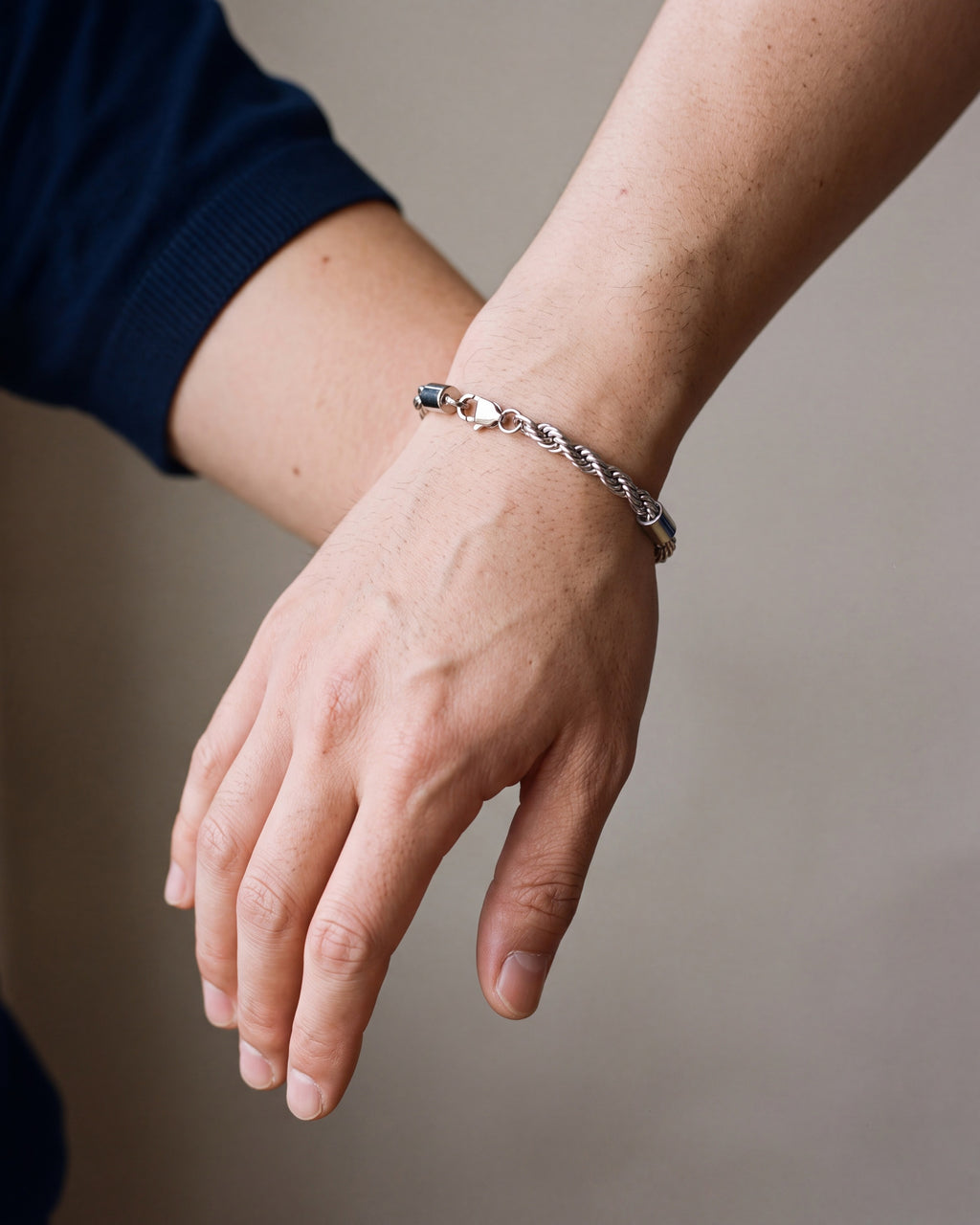 Close-up of the silver Atlas rope chain bracelet worn at true size