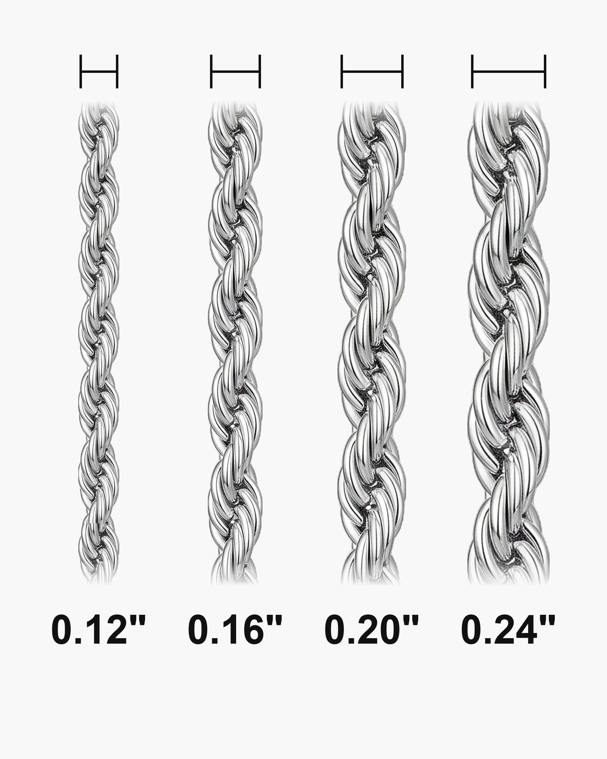 Atlas rope chain bracelet actual widths 0.12 in, 0.16 in, 0.20 in, 0.24 in [u:in]