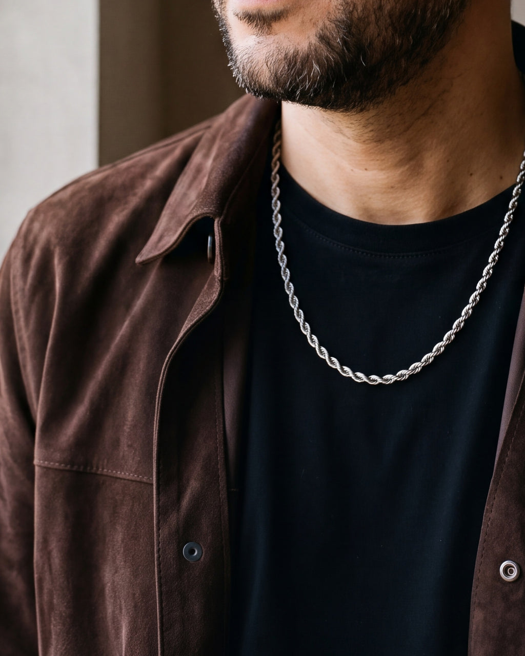 Close-up of the silver-tone Atlas Rope Chain worn at true size