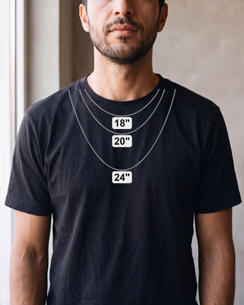 Atlas Rope Chain lengths 18 to 24 inches on a man's neck [u:in]