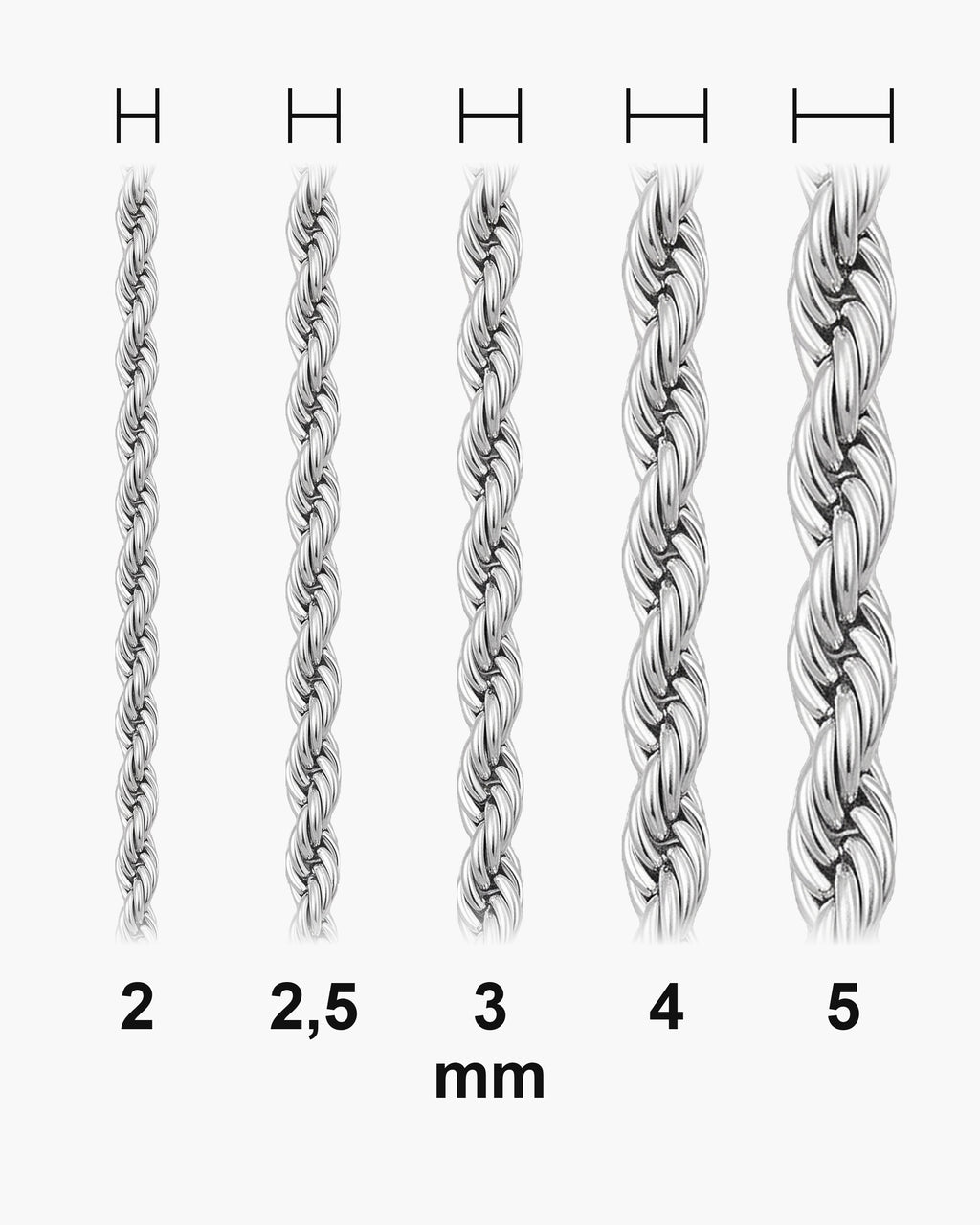 Atlas Rope Chain widths 2 to 5 mm shown at true scale [u:mm]