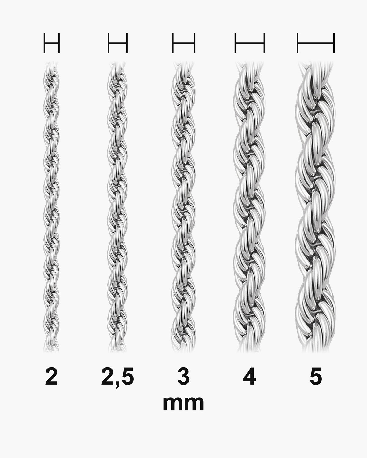 Atlas Rope Chain widths 2 to 5 mm shown at true scale [u:mm]