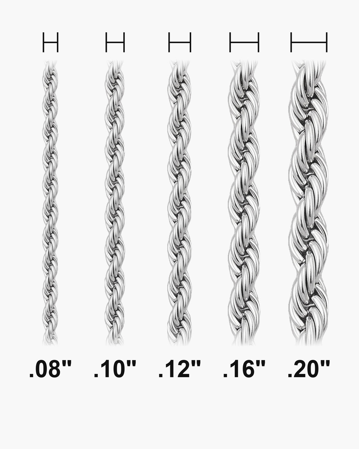 Atlas Rope Chain widths 0.08 to 0.20 inch shown at true scale [u:in]